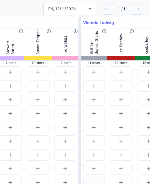 Conference booking grid: each teacher is a column with a colour band and a remaining-slot count, ten-minute time slots run down the left, and a second child's teachers continue in the same grid.