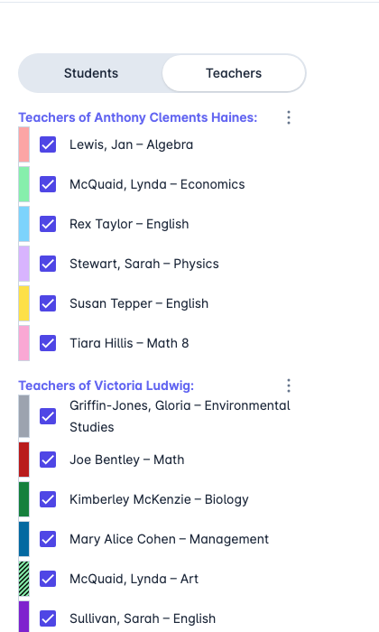 Parent view after a roster import: two children listed separately, each showing only the teachers that child has, with the subject beside every name.